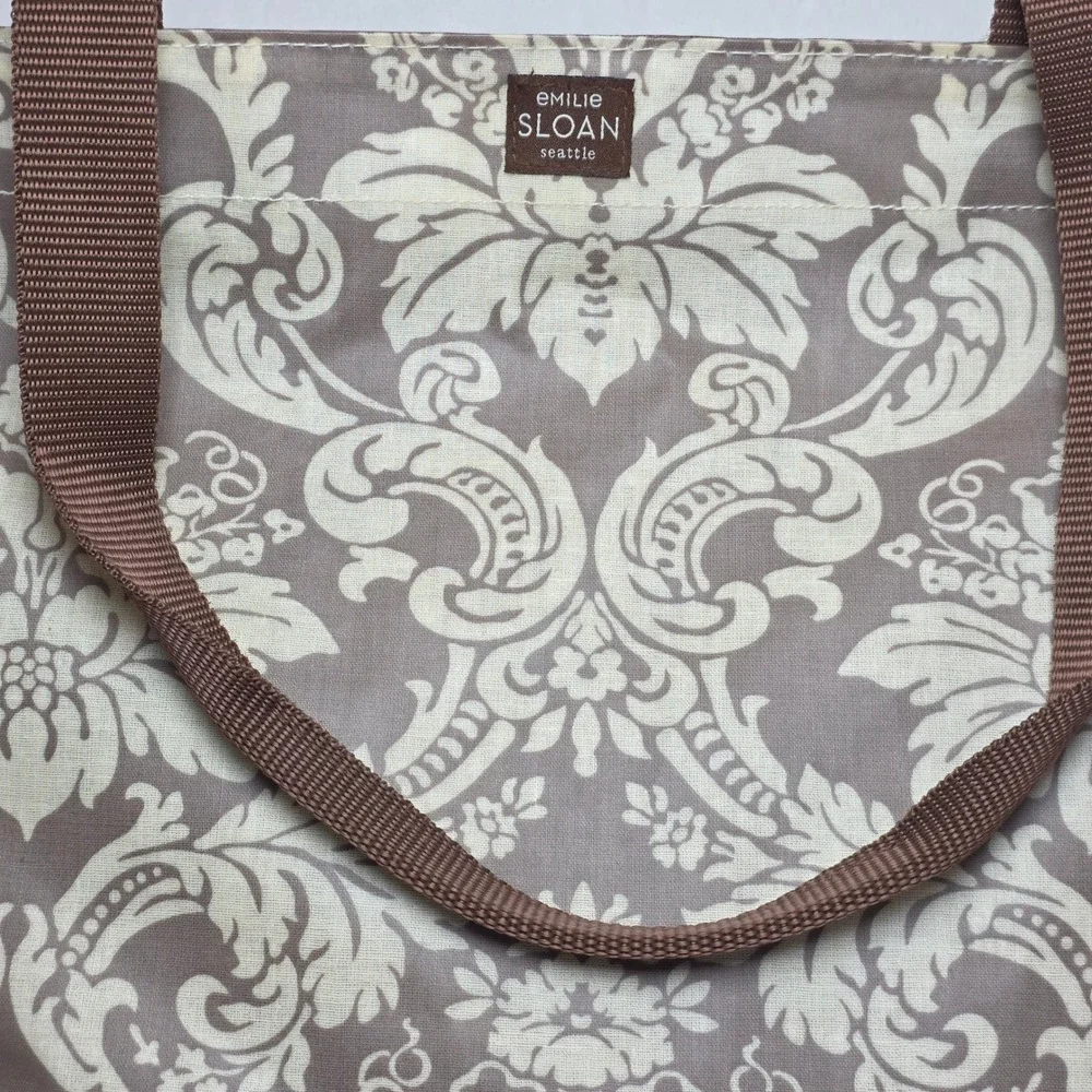 Emilie Sloan Seattle Tote Bag Taupe Cream Damask Floral‎ PVC Zipper Shoulder Bag
